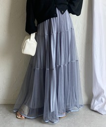 ラメ チュール レイヤード プリーツ ティアード ロングスカート