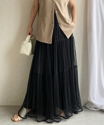 ラメ チュール レイヤード プリーツ ティアード ロングスカート