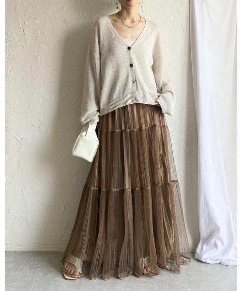 She's Closet(シーズクローゼット)の「ラメ チュール レイヤード プリーツ ティアード ロングスカート(スカート・レディース・ブラック/ブルー/アイボリー/モカ・FREE)」の7枚目の写真