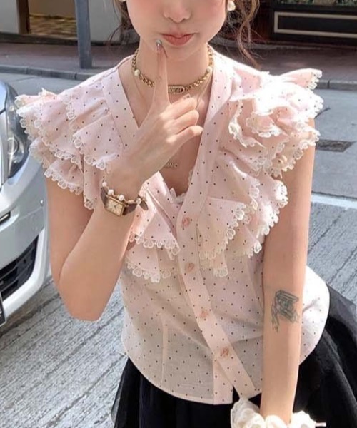 DIAVEL(ディアベル)の「ドット柄フリルレースブラウス(シャツ/ブラウス・レディース・ピンク・M)」の1枚目の写真