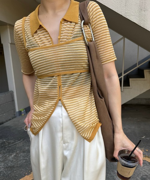Ameri(アメリ)の「MEDI PUCHI BUSTIER SET KNIT SHIRT(シャツ/ブラウス・レディース・ボルドー/イエロー/ブラック・FREE)」の2枚目の写真
