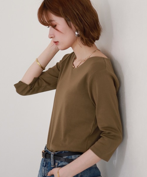 FUNALIVE(ファンアライブ)の「Vネック七分袖プルオーバー(Tシャツ/カットソー・レディース・カーキ/杢グレー/チャコールグレー/オフホワイト/ブラック・M/L/LL/3L)」の9枚目の写真
