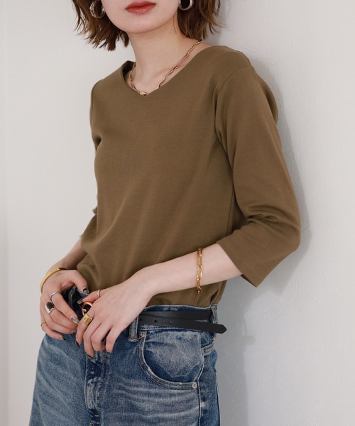 FUNALIVE(ファンアライブ)の「Vネック七分袖プルオーバー(Tシャツ/カットソー・レディース・カーキ/杢グレー/チャコールグレー/オフホワイト/ブラック・M/L/LL/3L)」の10枚目の写真