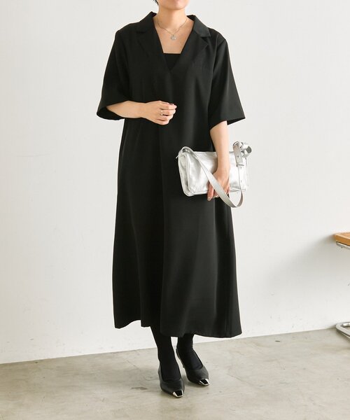 ear PAPILLONNER(イアパピヨネ)の「半袖Vネックワンピース【SUM1 STYLE】(ワンピース・レディース・ブラック/カーキ・FREE)」の4枚目の写真