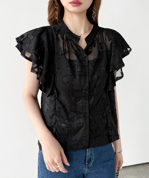 COCOMOMO(ココモモ)の「大人の甘さ、程よく。 ラッフルフリルジャガードブラウス フラワージャガード トップス ラッフルスリーブ ブラウス フリル シアーブラウス シアー シャツ オフィス オフィスカジュアル フォーマル オーケージョン(シャツ/ブラウス・レディース・ホワイト/ブラック/ベージュ・FREE)」の19枚目の写真