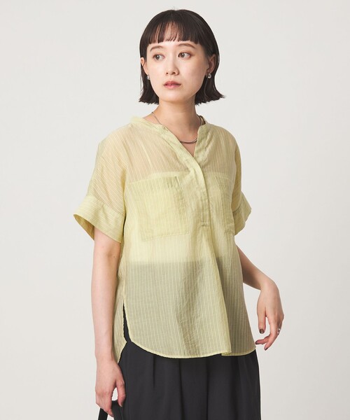 green label relaxing(グリーンレーベルリラクシング)の「シアー ストライプ ポケット ショートスリーブ ブラウス(シャツ/ブラウス・レディース・ネイビー/ライトブルー/ホワイト/イエロー・FREE)」の4枚目の写真