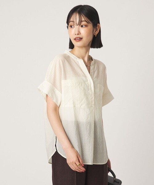 green label relaxing(グリーンレーベルリラクシング)の「シアー ストライプ ポケット ショートスリーブ ブラウス(シャツ/ブラウス・レディース・ネイビー/ライトブルー/ホワイト/イエロー・FREE)」の9枚目の写真