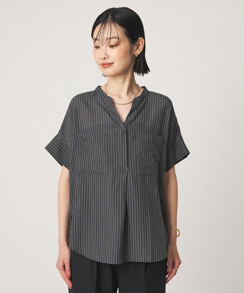 green label relaxing(グリーンレーベルリラクシング)の「シアー ストライプ ポケット ショートスリーブ ブラウス(シャツ/ブラウス・レディース・ネイビー/ライトブルー/ホワイト/イエロー・FREE)」の12枚目の写真