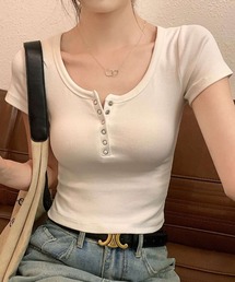 Uネックヘンリーネックタイトトップス/カットソー/Tシャツ