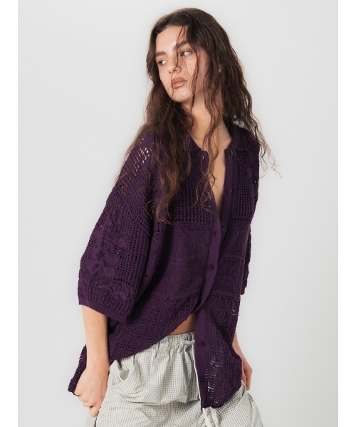 ELCHELE（エルチェレ）の「MIX PATTERN KNIT SHIRT（シャツ/ブラウス・レディース・ダークパープル/ベージュ/オフホワイト・FREE）」の16枚目の写真