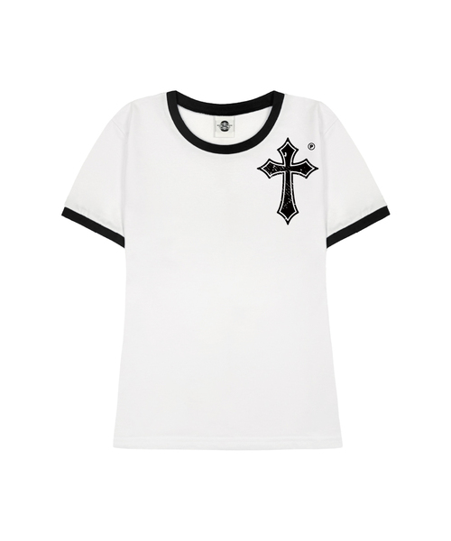 PRIMATE（プライメイト）の「CROSS レディース スリムフィット リンガー 半袖Tシャツ 3 COLORS（Tシャツ/カットソー・レディース・ホワイト×ネイビー/ホワイト×ブラック/ブラック・FREE）」の2枚目の写真