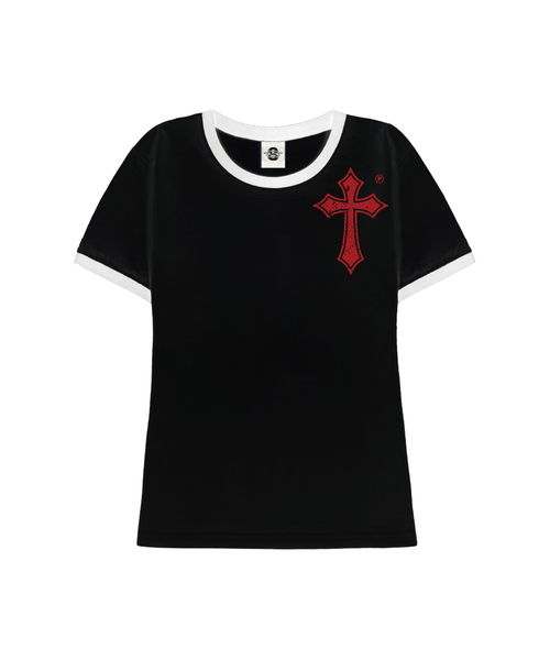 PRIMATE（プライメイト）の「CROSS レディース スリムフィット リンガー 半袖Tシャツ 3 COLORS（Tシャツ/カットソー・レディース・ホワイト×ネイビー/ホワイト×ブラック/ブラック・FREE）」の3枚目の写真