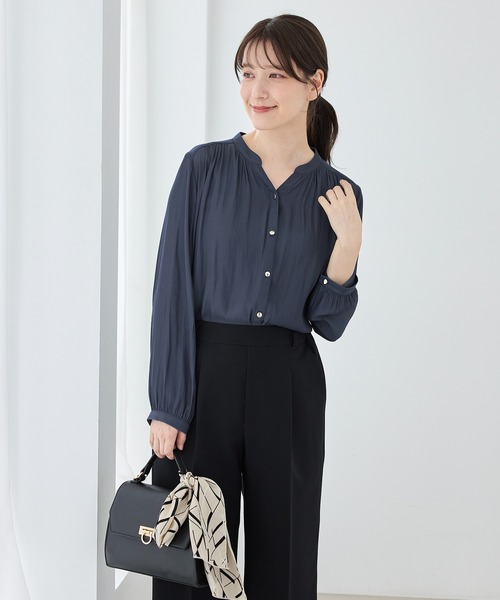 Honeys(ハニーズ)の「スキッパーブラウス(シャツ/ブラウス・レディース・ダークブラウン/ダークブルー/チャコール/グレイッシュベージュ/パープル・3L/L/LL/M/S)」の8枚目の写真