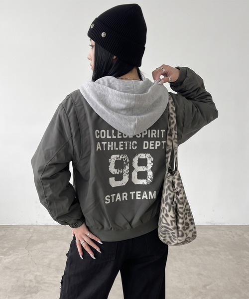 non-hedge（ノンヘッジ）の「パーカーアンサンブル風バックロゴジャケット（ブルゾン・レディース・チャコールグレー/ブラック/カーキ・FREE）」の8枚目の写真