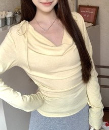 ドレープネック ボウタイ カシミヤ長袖Tシャツ