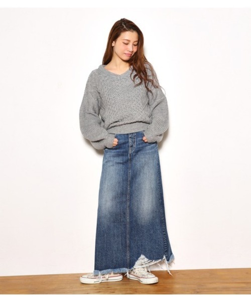Rodeo Crowns Wide Bowl ロデオクラウンズワイドボウル の ウエスト フリンジ ヘムクラッシュマキシスカート デニムスカート Wear
