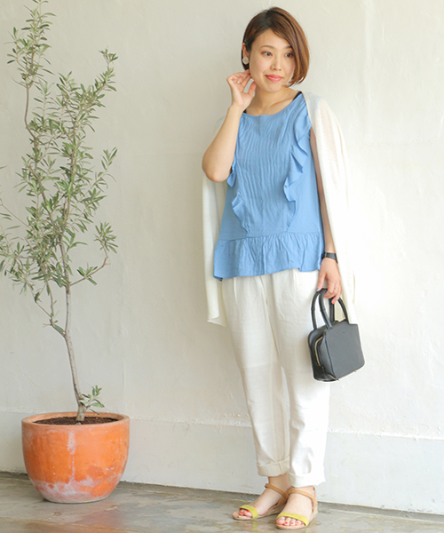 LBC（エルビーシー）の「アクリルテンセルリネントッパー（カーディガン/ボレロ・レディース・ネイビー/オフホワイト/イエロー・M）」の2枚目の写真