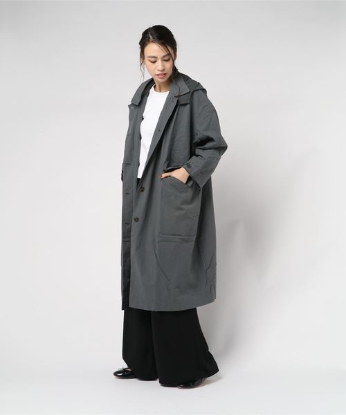 THE MORNING AFTER（ザ モーニング アフター）の「高密度チノクロス フード脱着 BIG ステンカラーコート（ステンカラーコート・レディース・チャコールグレー/ベージュ/カーキ/ネイビー・FREE）」の2枚目の写真