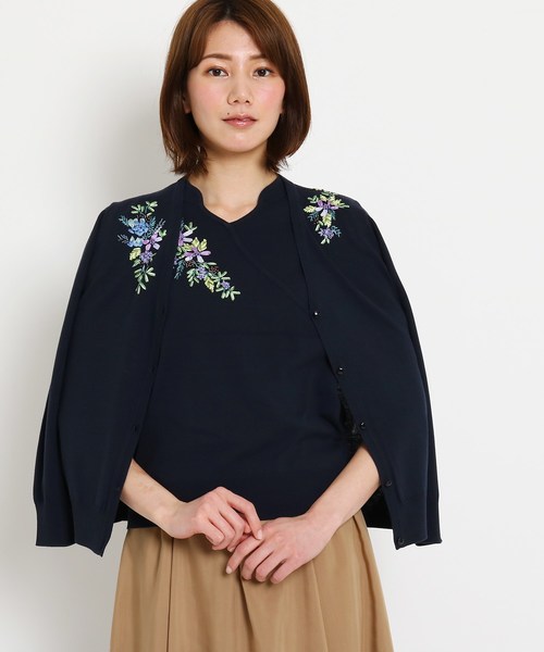 【洗える】リボン＆ビーズ刺しゅう ニットカーディガン