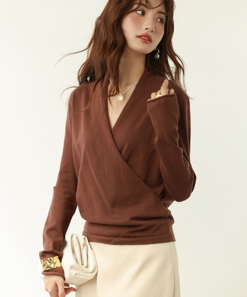 SAISON DE PAPILLON（セゾンドパピヨン）の「カシュクールネックニットトップス（ニット/セーター・レディース・ブルー/ネイビー/ブラック/ベージュ/モカ/キャメル/ピンク/パープル/ブラウン/カーキ/チャコール/アイボリー/ダークブラウン/グリーン系その他・S/M/L/XL）」の21枚目の写真