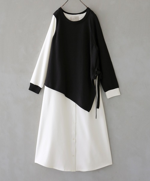 osharewalker（オシャレウォーカー）の「『ニットレイヤード風シャツワンピース』（シャツワンピース・レディース・ブラック/ネイビー/杢グレー/ブラック×グレー・1/2）」の2枚目の写真