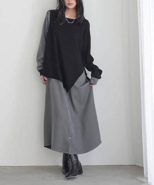 osharewalker（オシャレウォーカー）の「『ニットレイヤード風シャツワンピース』（シャツワンピース・レディース・ブラック/ネイビー/杢グレー/ブラック×グレー・1/2）」の18枚目の写真