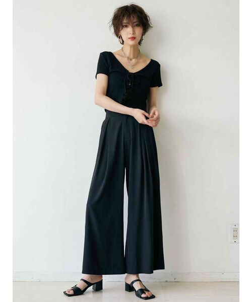 GYDA（ジェイダ）の「ハイウエストタックワイドパンツ（スラックス・レディース・ブラック/オフホワイト・FREE）」の3枚目の写真