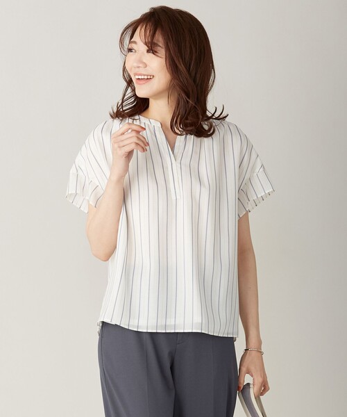 J.PRESS(ジェイプレス)の「シアーチェック&ストライプ カットソー(Tシャツ/カットソー・レディース・ホワイト系1/ダークブラウン系4/ベージュ系1/ネイビー系4・MEDIUM/LARGE)」の2枚目の写真