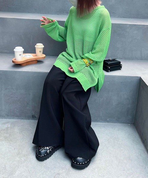 ＡＮＤＪ（アンドジェイ）の「コットンタッチフィッシュネットメッシュ編みニット（ニット/セーター・レディース・グリーン/マスタード/ライム/アイボリー/ブラック・M）」の6枚目の写真