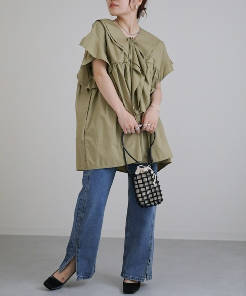 ★カーキ× ブラック デニム リメイク ミリタリー リネン チュニック ワンピ★ SUN VALLEY コットン スタンドカラー チュニック 微起毛