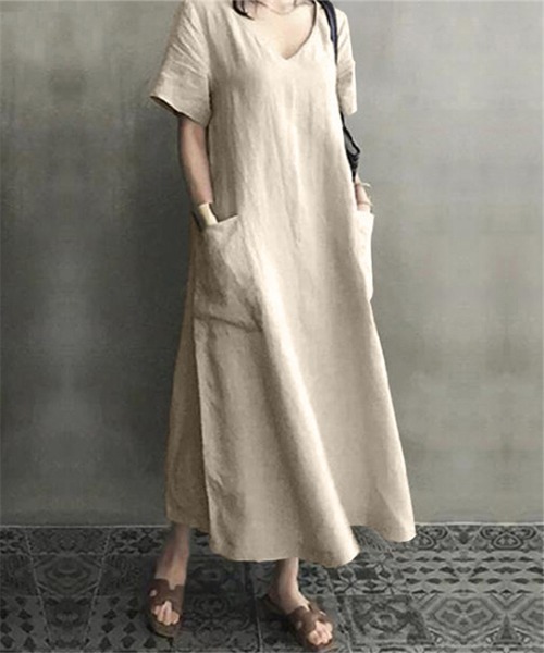 MAISON DE THERESE（メゾン ド テレーズ）の「Vネック　コットンロングワンピース（ワンピース・レディース・ベージュ/ピンク/ブラック・M）」の13枚目の写真