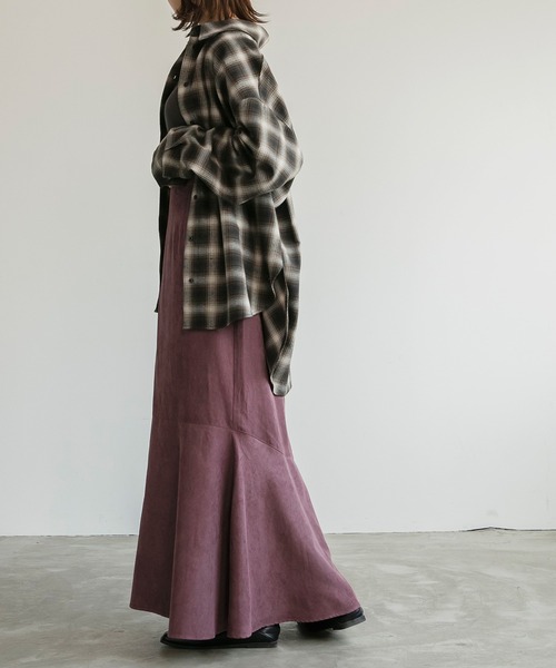 BONLECILL(ボンルシール)の「スウェードライク/リネンライク フリル切替 マーメイドロングスカート(スカート・レディース・ワイン/ブラック/ブラウン/ブラック系/ライトグリーン/ピンク/ベージュ・FREE)」の9枚目の写真