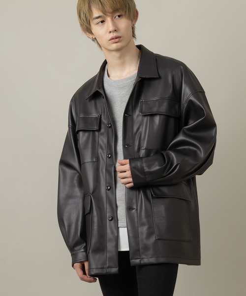 SlashDate(スラッシュデイト)の「フェイクレザーファティーグジャケット/ビッグシルエット(ミリタリージャケット・メンズ・ブラック/アイボリー/ブルー・M/L)」の3枚目の写真