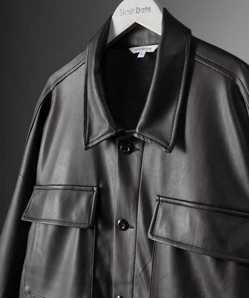 SlashDate(スラッシュデイト)の「フェイクレザーファティーグジャケット/ビッグシルエット(ミリタリージャケット・メンズ・ブラック/アイボリー/ブルー・M/L)」の10枚目の写真