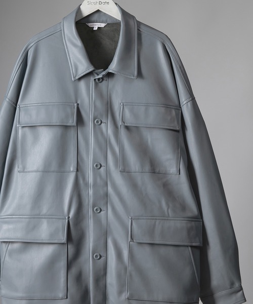 SlashDate(スラッシュデイト)の「フェイクレザーファティーグジャケット/ビッグシルエット(ミリタリージャケット・メンズ・ブラック/アイボリー/ブルー・M/L)」の11枚目の写真