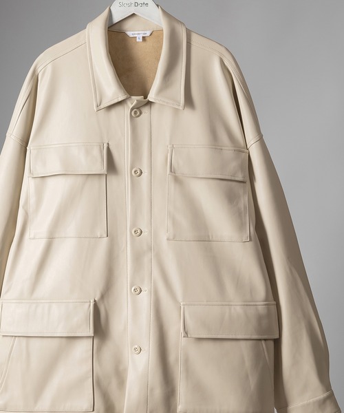 SlashDate(スラッシュデイト)の「フェイクレザーファティーグジャケット/ビッグシルエット(ミリタリージャケット・メンズ・ブラック/アイボリー/ブルー・M/L)」の12枚目の写真