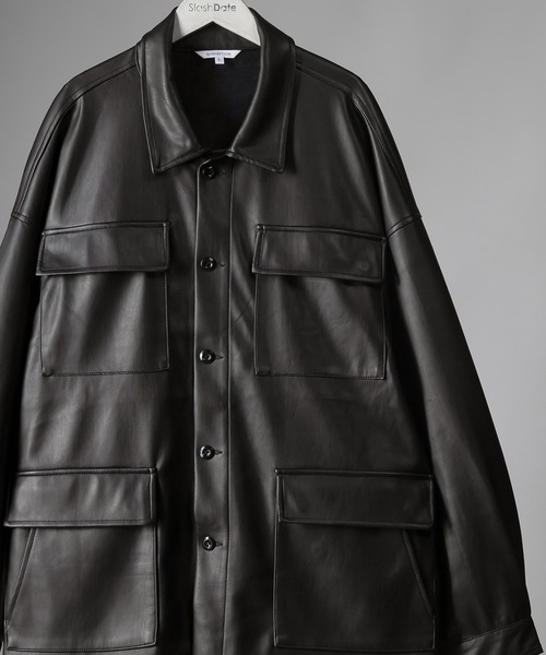 SlashDate(スラッシュデイト)の「フェイクレザーファティーグジャケット/ビッグシルエット(ミリタリージャケット・メンズ・ブラック/アイボリー/ブルー・M/L)」の9枚目の写真