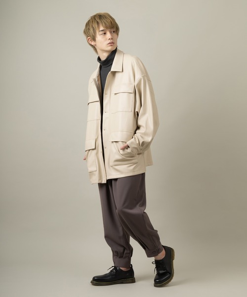 SlashDate(スラッシュデイト)の「フェイクレザーファティーグジャケット/ビッグシルエット(ミリタリージャケット・メンズ・ブラック/アイボリー/ブルー・M/L)」の14枚目の写真