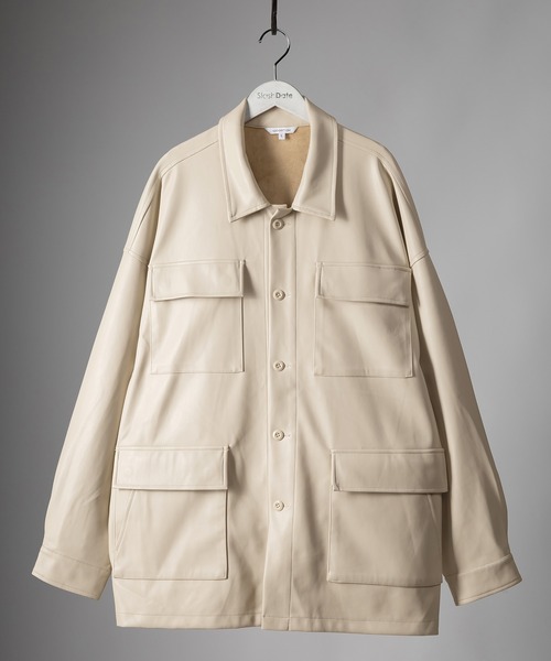 SlashDate(スラッシュデイト)の「フェイクレザーファティーグジャケット/ビッグシルエット(ミリタリージャケット・メンズ・ブラック/アイボリー/ブルー・M/L)」の17枚目の写真