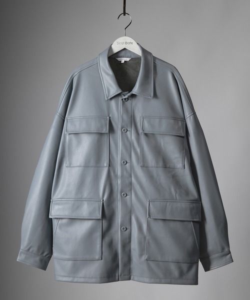 SlashDate(スラッシュデイト)の「フェイクレザーファティーグジャケット/ビッグシルエット(ミリタリージャケット・メンズ・ブラック/アイボリー/ブルー・M/L)」の19枚目の写真