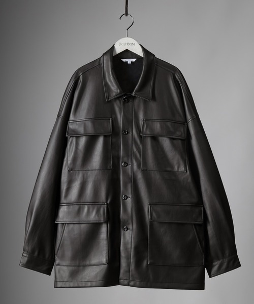 SlashDate(スラッシュデイト)の「フェイクレザーファティーグジャケット/ビッグシルエット(ミリタリージャケット・メンズ・ブラック/アイボリー/ブルー・M/L)」の18枚目の写真