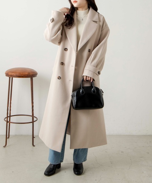 WEGO（ウィゴー）の「WEGO/ニットメルトントレンチコート（ステンカラーコート・レディース・ブルー/アイボリー/ブラック/ベージュ・FREE）」の2枚目の写真