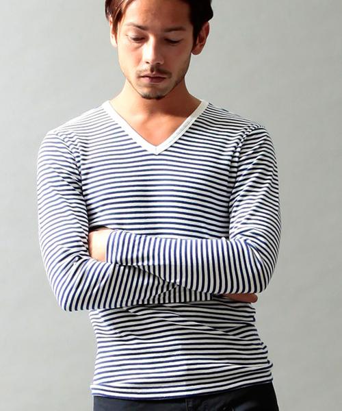 BEAUTY&YOUTH UNITED ARROWS(ビューティーアンドユースユナイテッドアローズ)の「BY フライス ボーダー Vネック ロングスリーブ カットソー◆(Tシャツ/カットソー・メンズ・ブラック/グレー/ロイヤルブルー・SMALL/MEDIUM/LARGE/X-LARGE)」の1枚目の写真