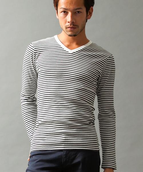 BEAUTY&YOUTH UNITED ARROWS(ビューティーアンドユースユナイテッドアローズ)の「BY フライス ボーダー Vネック ロングスリーブ カットソー◆(Tシャツ/カットソー・メンズ・ブラック/グレー/ロイヤルブルー・SMALL/MEDIUM/LARGE/X-LARGE)」の2枚目の写真