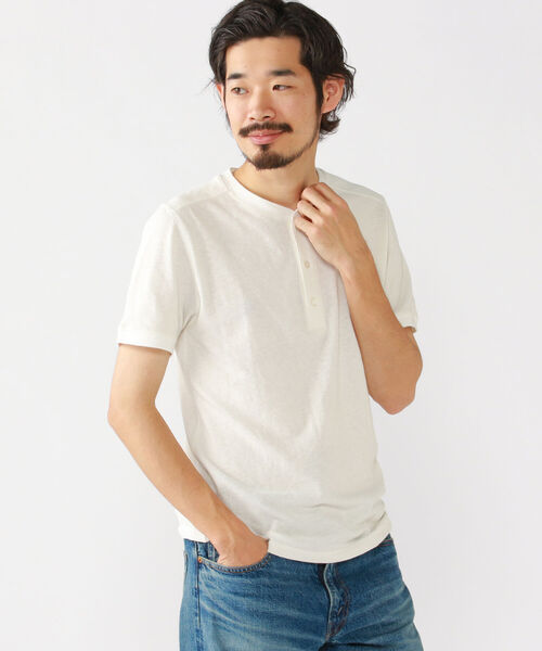 BEAMS PLUS（ビームスプラス）の「BEAMS PLUS / リネン コットン ヘンリーネック Tシャツ（Tシャツ/カットソー・メンズ・チャコールグレー/オフホワイト/ネイビー/サックスブルー・X-LARGE/SMALL/LARGE/MEDIUM）」の13枚目の写真