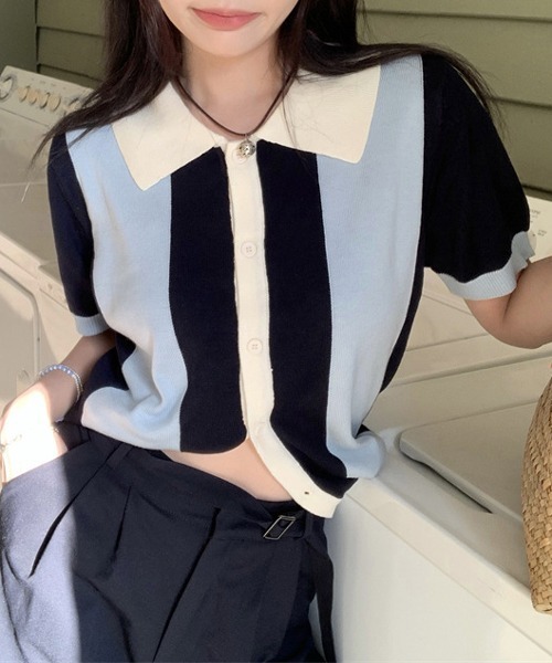 HALEY PESCA(ヘーリーペスカ)の「HALEY PESCA/ストライプ ポロ半袖ニットトップス(ポロシャツ・レディース・グリーン/ブルー・FREE)」の6枚目の写真