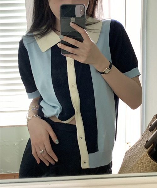 HALEY PESCA(ヘーリーペスカ)の「HALEY PESCA/ストライプ ポロ半袖ニットトップス(ポロシャツ・レディース・グリーン/ブルー・FREE)」の8枚目の写真