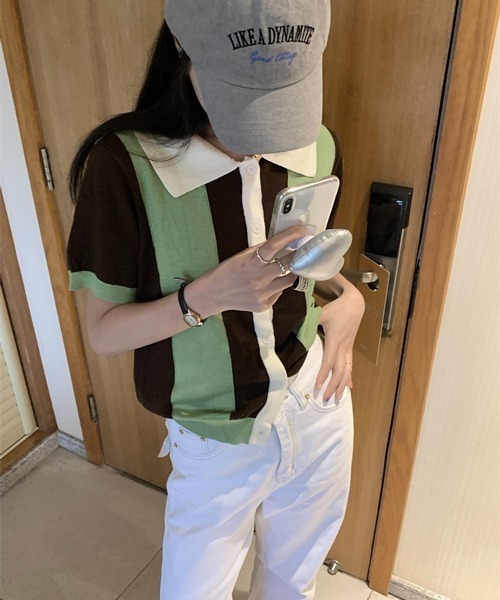 HALEY PESCA(ヘーリーペスカ)の「HALEY PESCA/ストライプ ポロ半袖ニットトップス(ポロシャツ・レディース・グリーン/ブルー・FREE)」の13枚目の写真