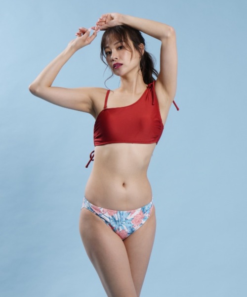 Beach Queen/ビーチクイーンリーフ柄/花柄ショーツ/くすみカラー/バンドゥビキニ/ワンショルダービキニ373010