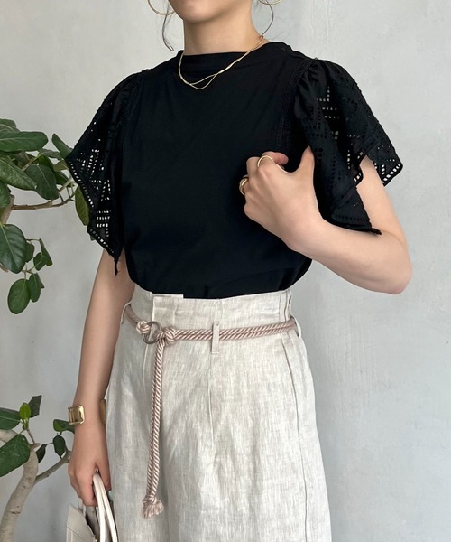prose verse(プロズヴェール)の「袖レースTシャツ(Tシャツ/カットソー・レディース・ブラック/オフホワイト・フリ-)」の20枚目の写真